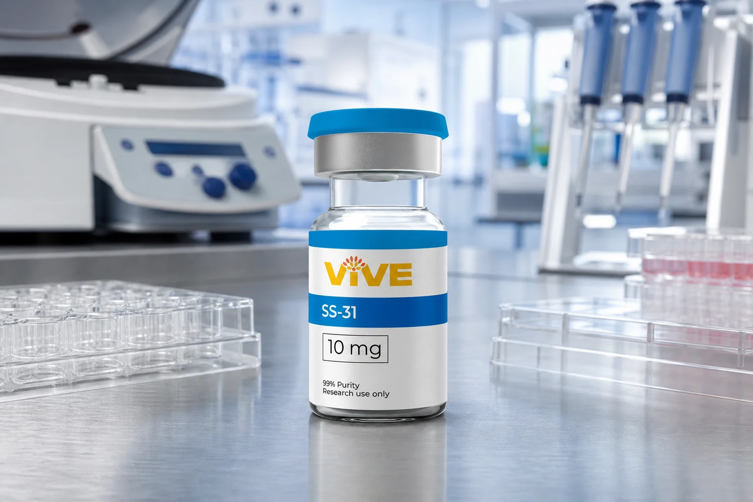 SS-31 elamipretide research peptide vial on laboratory bench representing mitochondrial peptide research