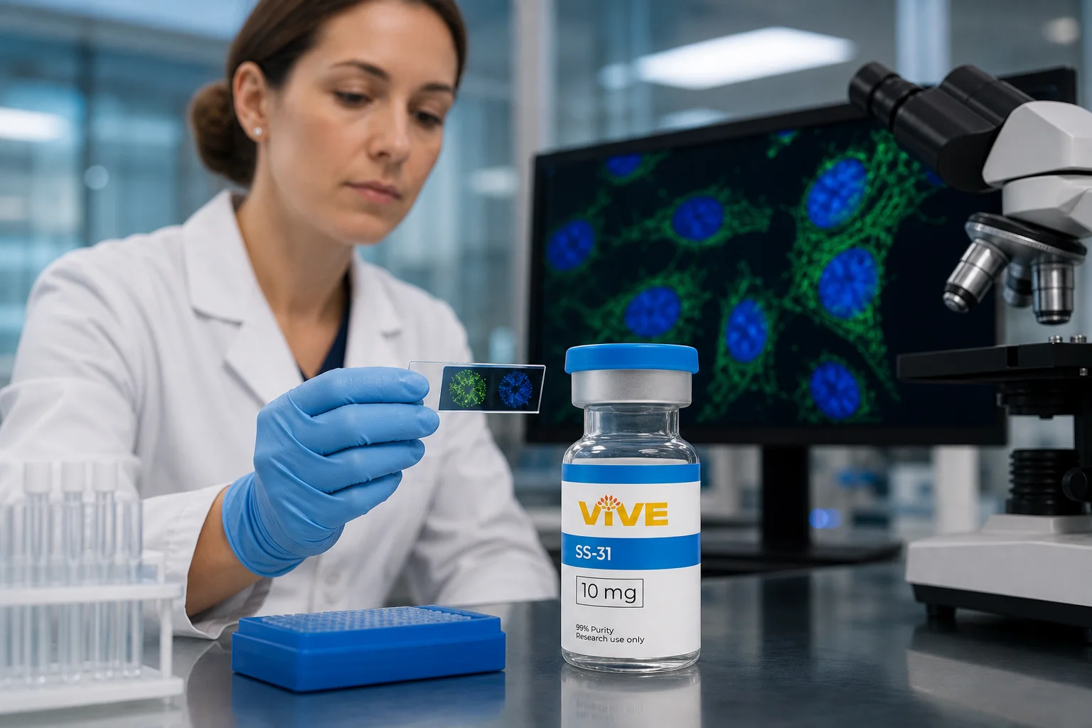 Researcher examining mitochondrial function data under fluorescence microscope in a clinical laboratory setting