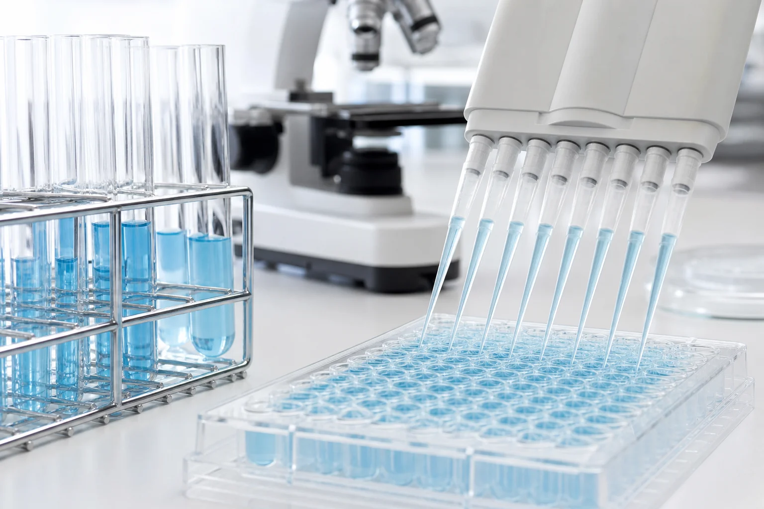 Immunology research laboratory bench with micropipettes, multi-well cell culture plate, and test tubes used in immune peptide studies