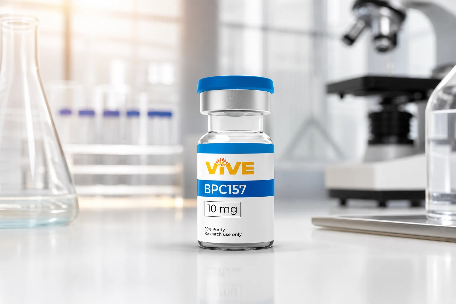 BPC-157 dosing for research: VivePeptides branded peptide vial on a laboratory workbench