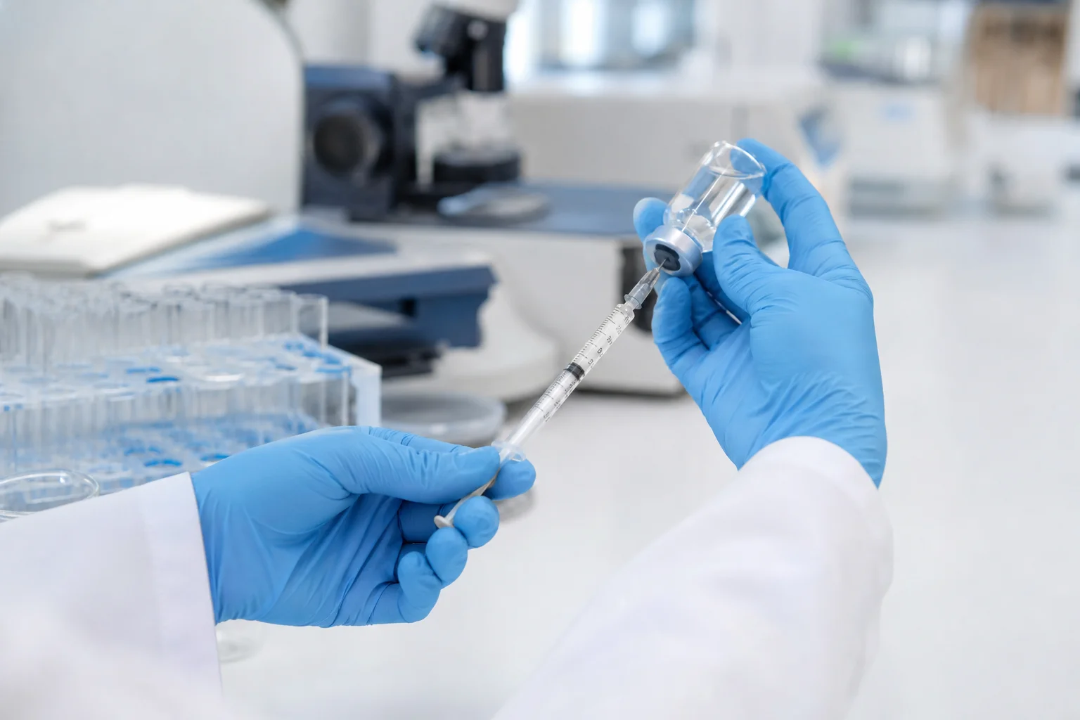 Close-up of a researcher's gloved hands carefully drawing peptide solution with a precision insulin syringe on a clean laboratory bench