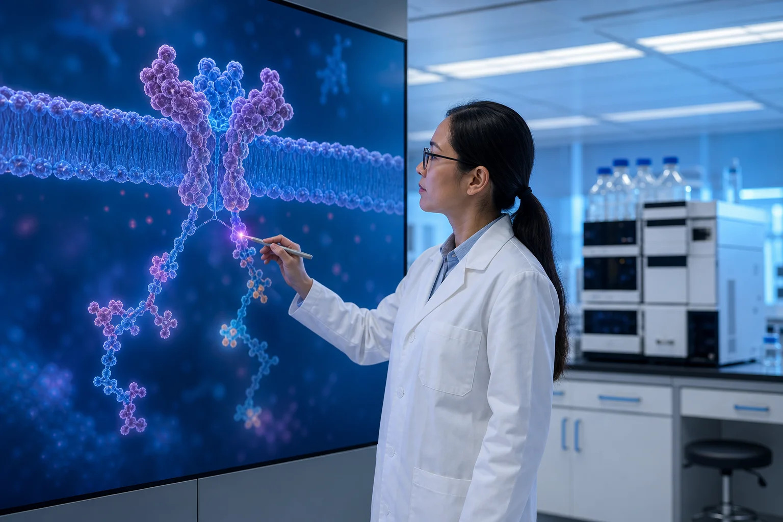 Researcher analyzing GLP-1 peptide receptor activation data in a clinical laboratory setting