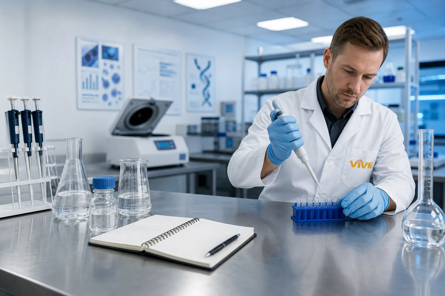 MOTS-c and NAD+ VivePeptides research vials on a laboratory bench for mitochondrial metabolic research