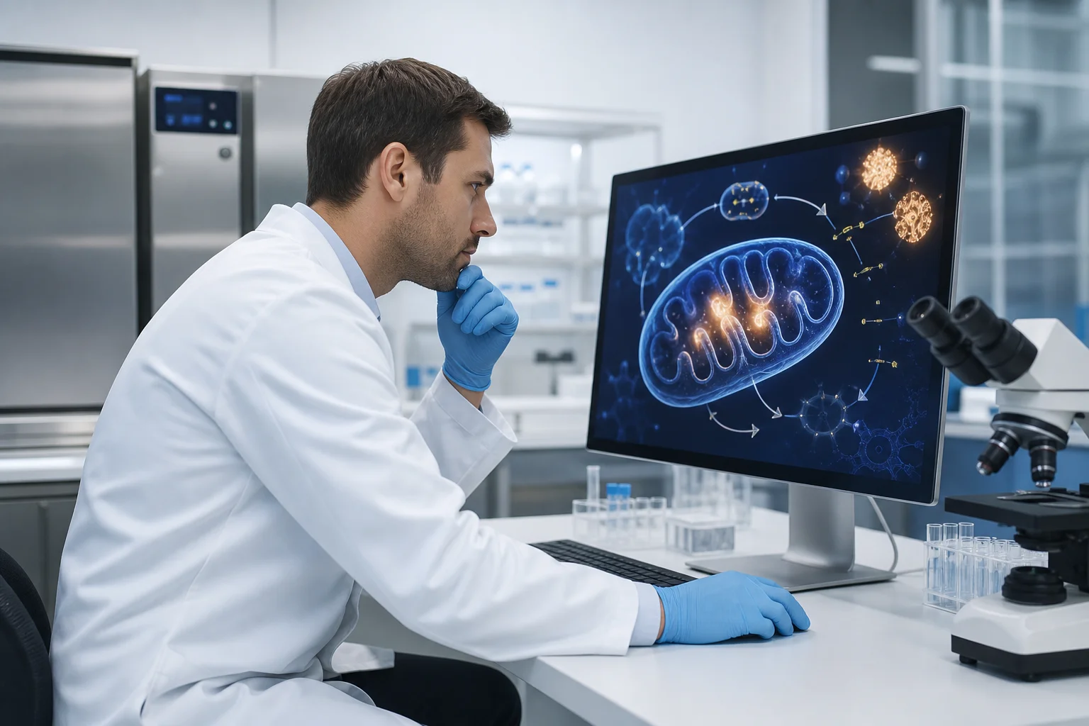 Scientist reviewing mitochondrial energy pathway data on a monitor in a modern clinical research laboratory