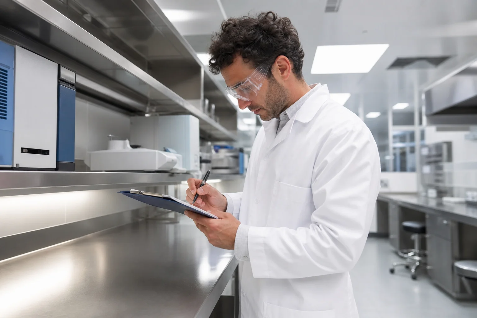 Scientific researcher reviewing peptide stability data in a controlled laboratory environment