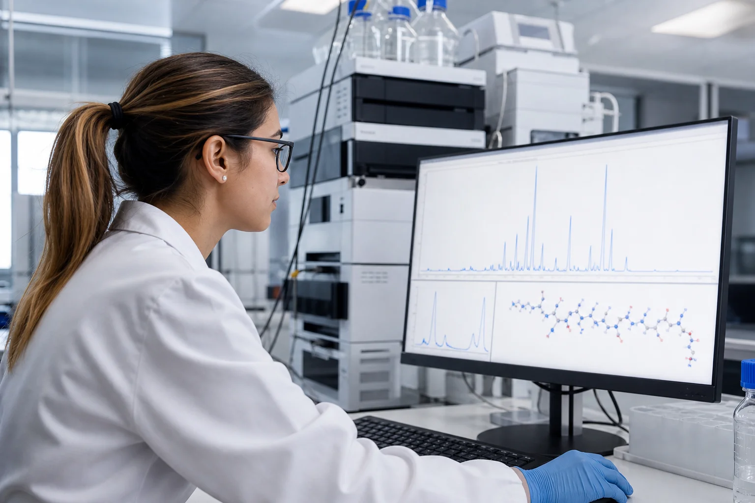 A scientist analyzing HPLC chromatography data on a laboratory computer screen, reviewing peptide purity results for research applications