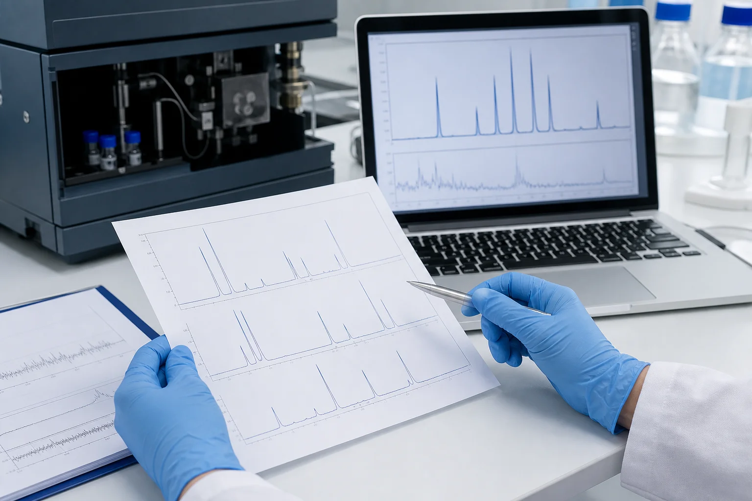 Researcher reviewing peptide batch documentation and HPLC chromatography output at a clinical laboratory workstation