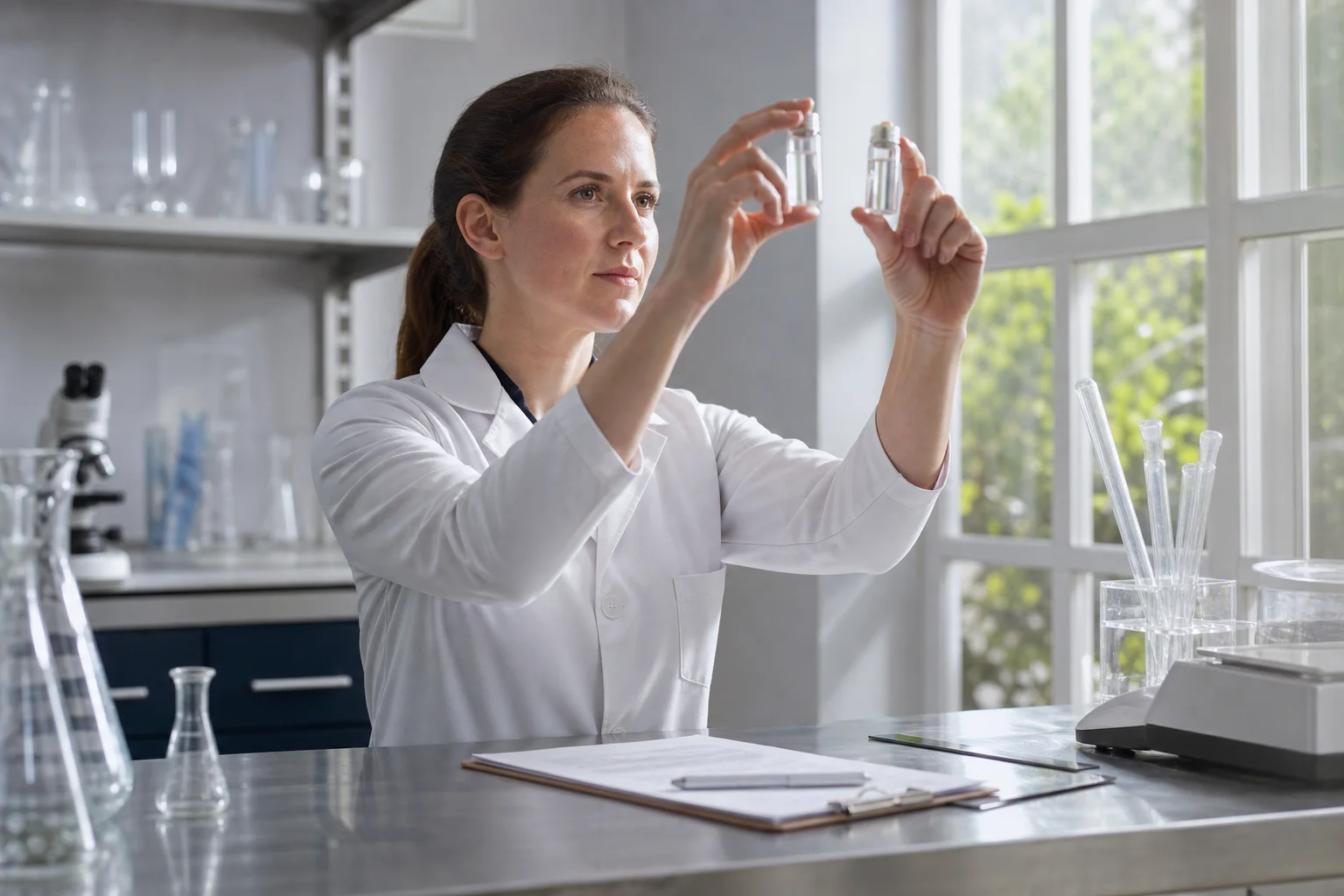 Researcher reviewing VivePeptides branded research vials and batch documentation before purchasing from a peptide vendor