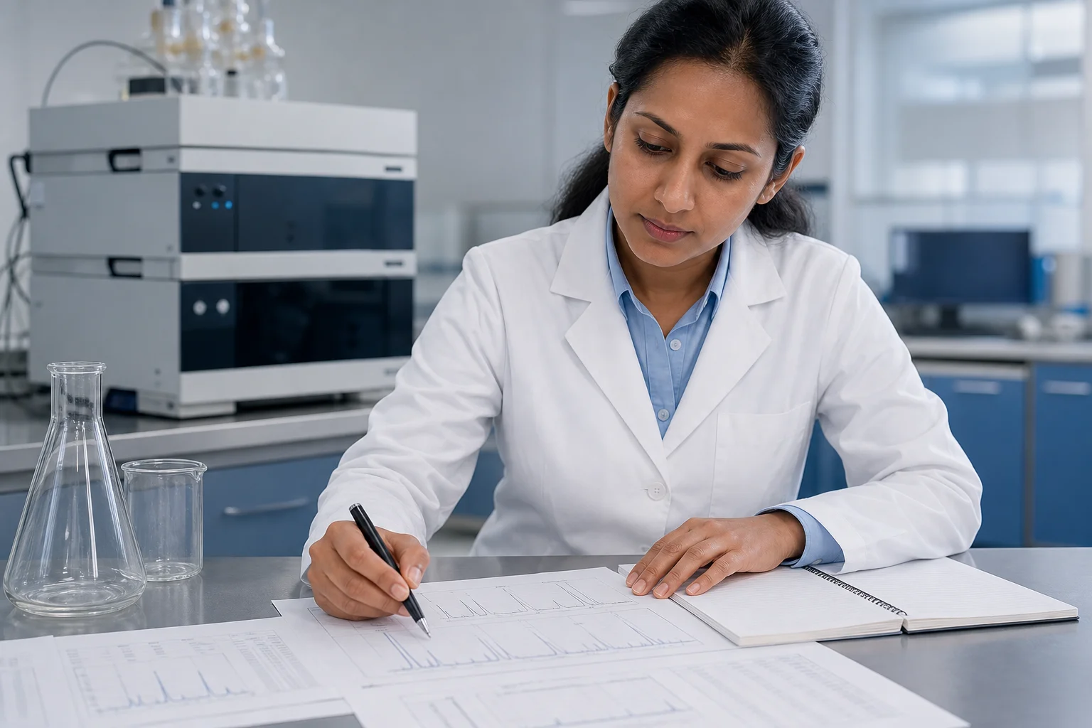 Scientist reviewing peptide batch traceability records and independent laboratory certificate of analysis data at a research workstation