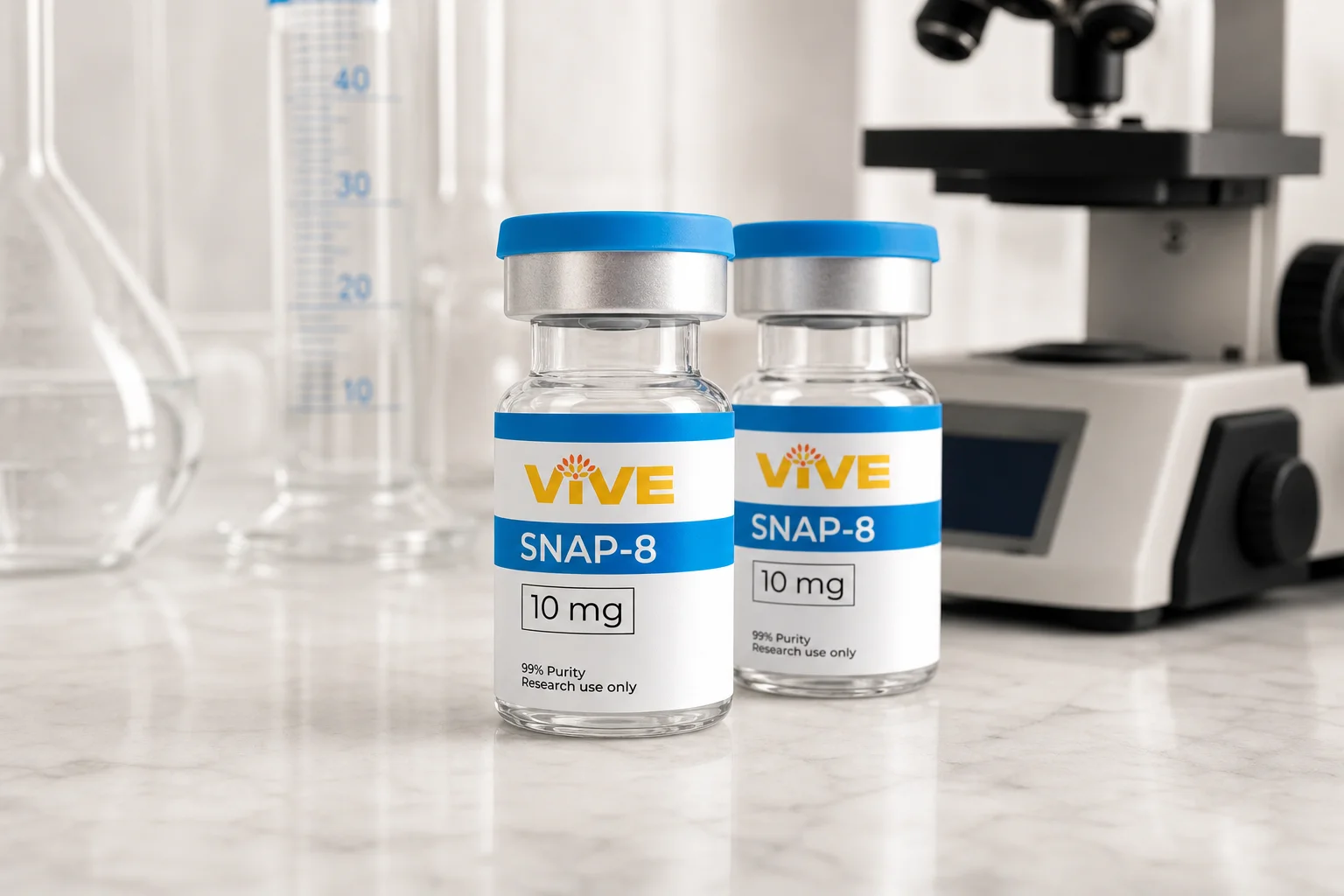 VivePeptides SNAP-8 and GHK-Cu research vials on a laboratory surface for snap-8 vs ghk-cu anti-aging peptide comparison