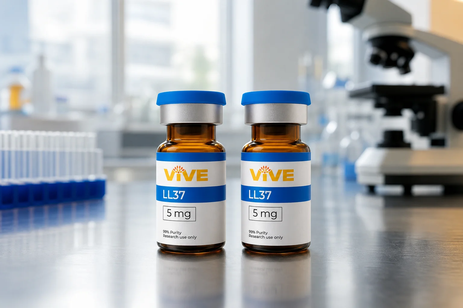 VivePeptides research vials representing thymosin alpha 1 vs ll-37 peptide research in a laboratory setting