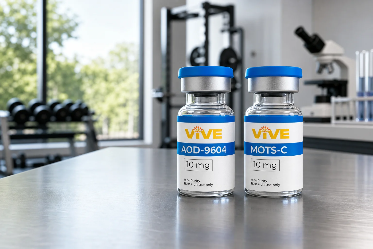 VivePeptides AOD-9604 vs MOTS-c research vials side by side on a lab bench with fitness scenery in the background