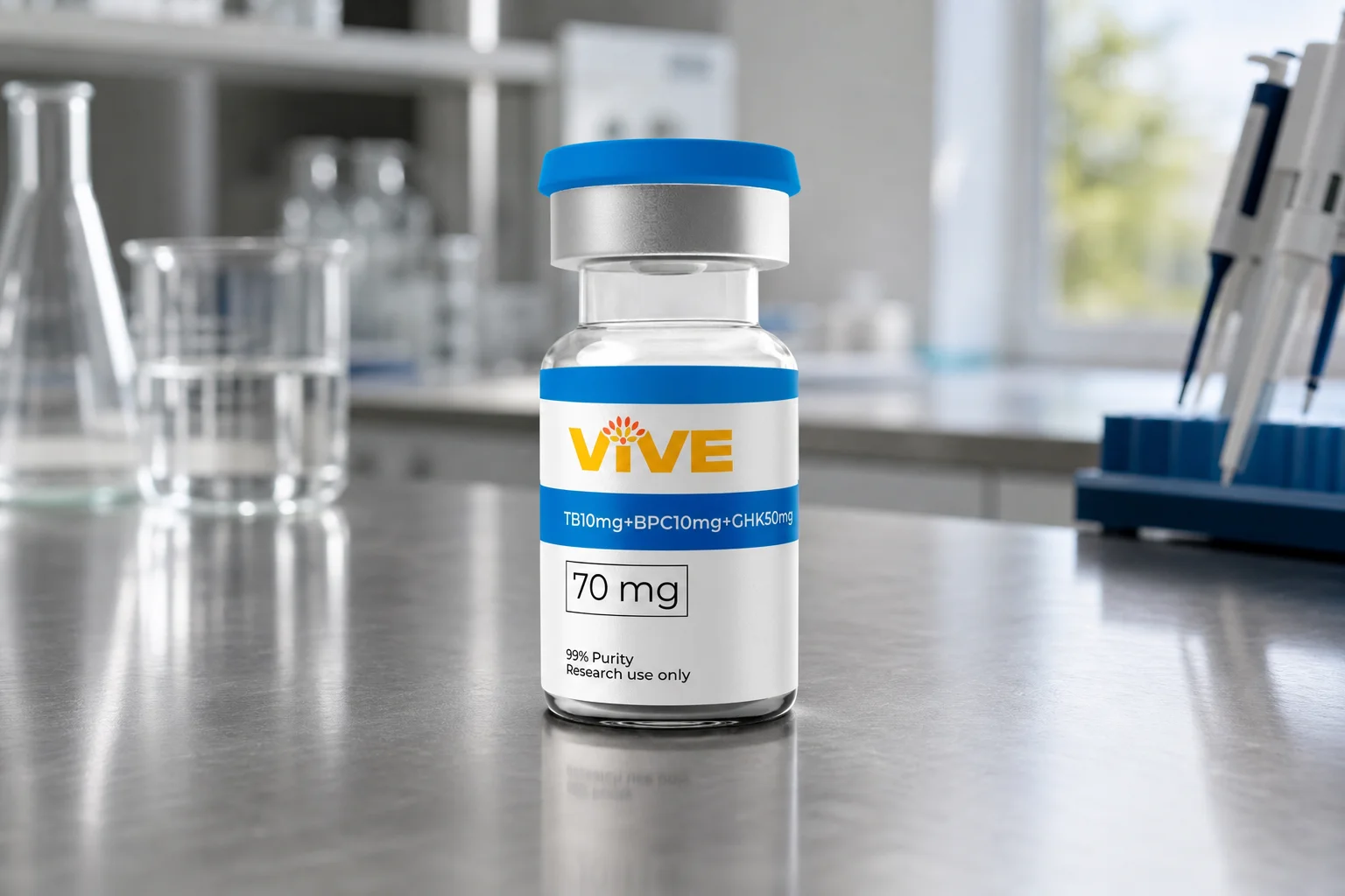 VivePeptides Glow Blend vial in a laboratory setting illustrating glow blend reconstitution and research applications