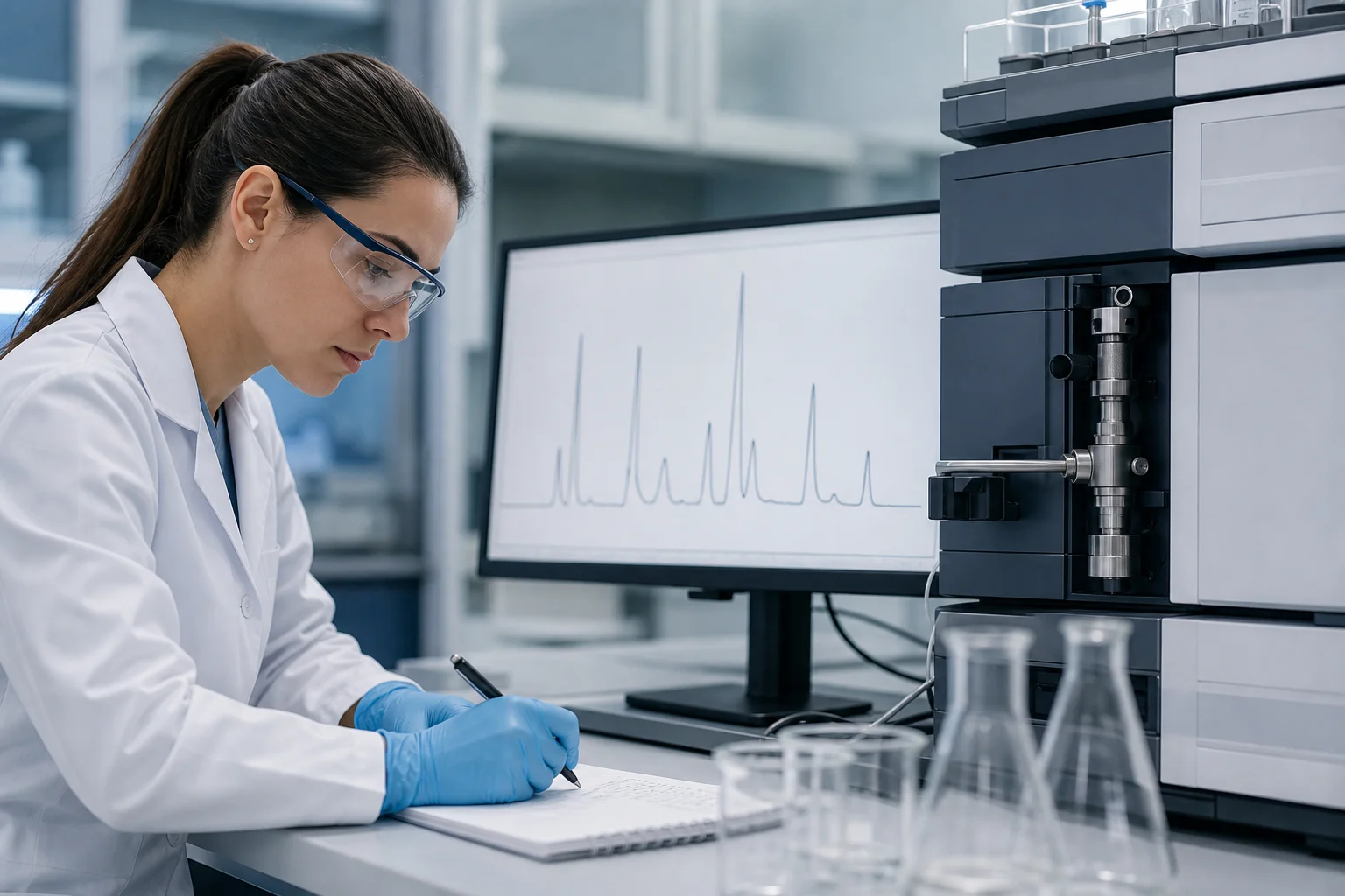 HPLC instrument display showing overlapping chromatogram peaks with a labeled retention time axis in a research lab