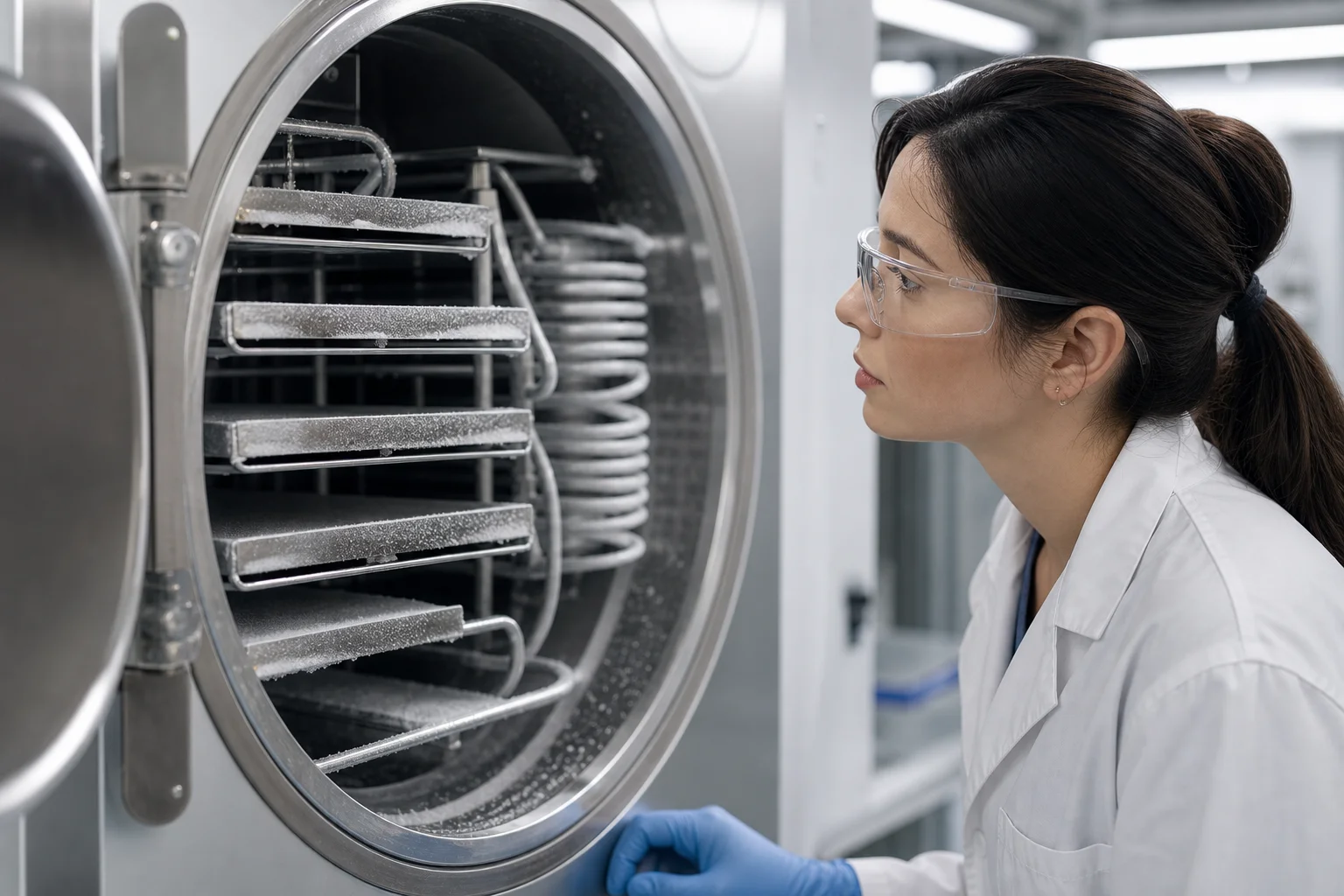 Freeze-dryer lyophilizer chamber with ice crystals and condenser coils, illustrating the freeze-drying process for lyophilization and peptide stability