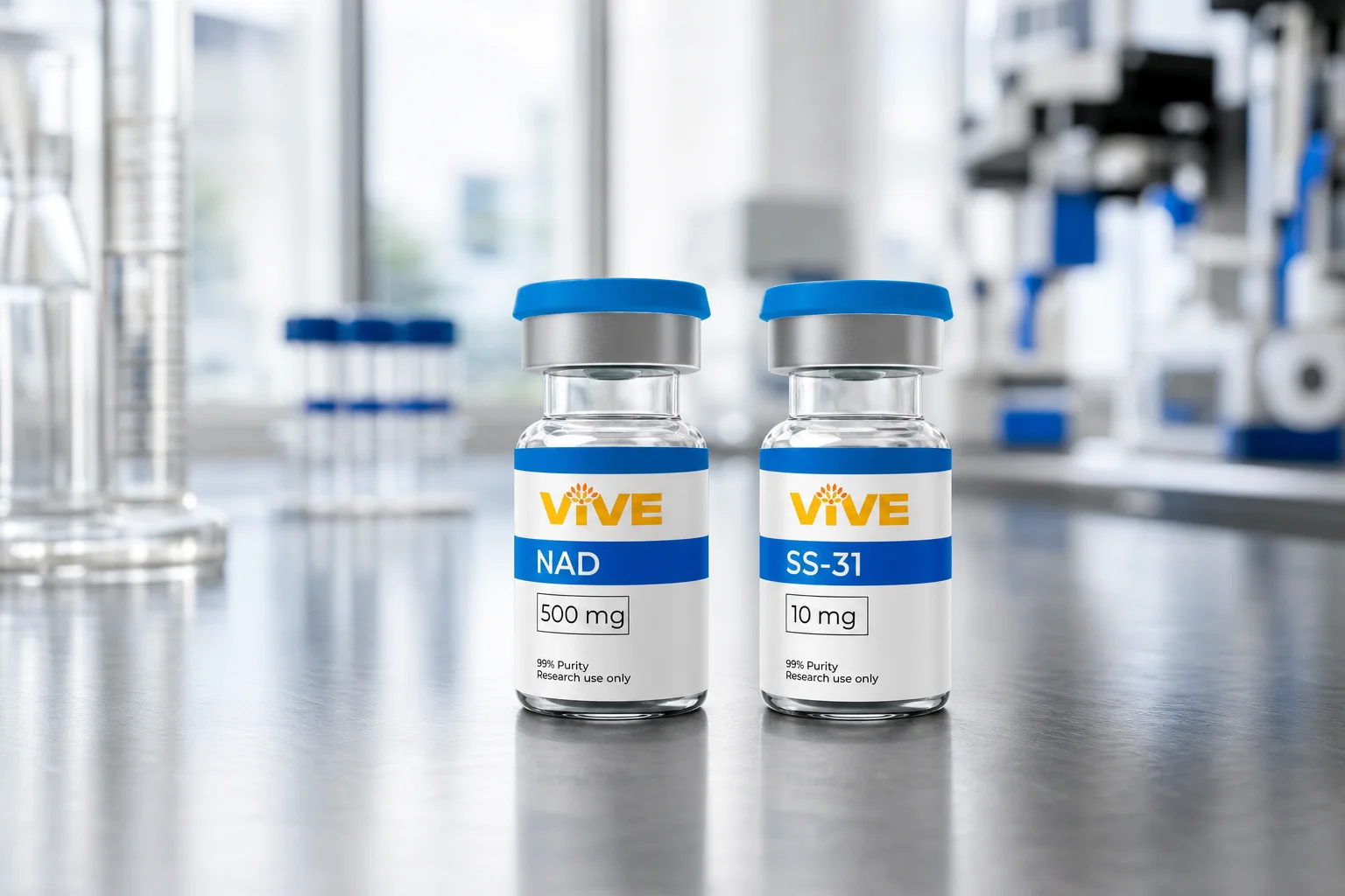 NAD+ vs SS-31 research vials from VivePeptides displayed in a laboratory setting representing mitochondrial research compounds