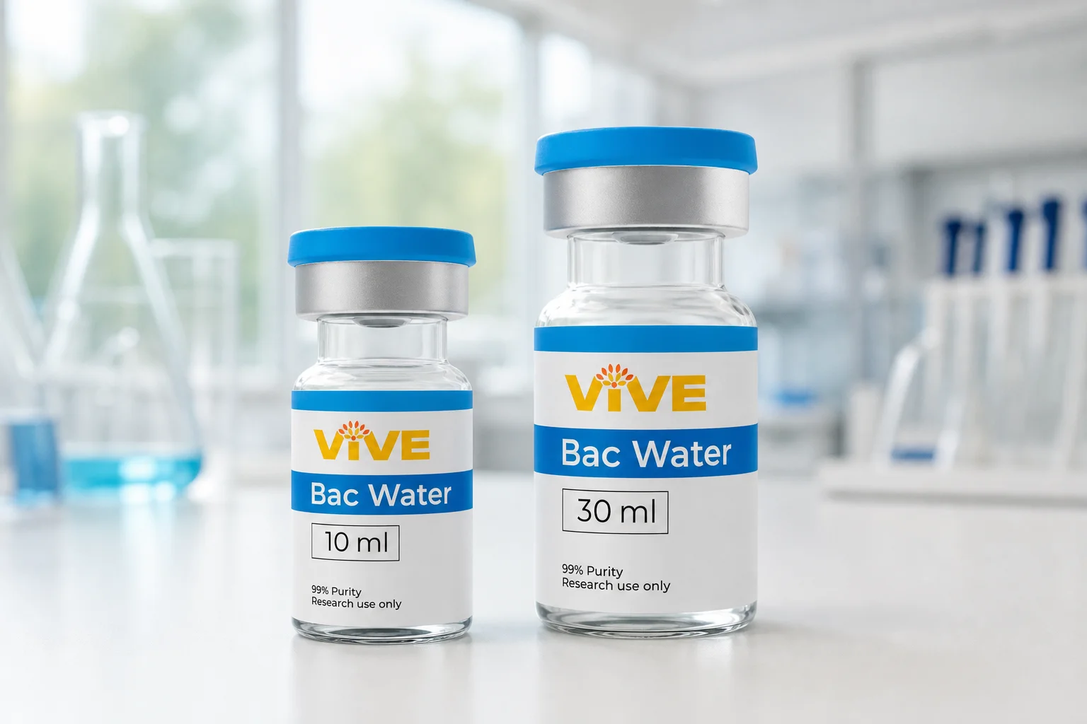 10ml vs 30ml bacteriostatic water bottles compared side by side on a research lab bench