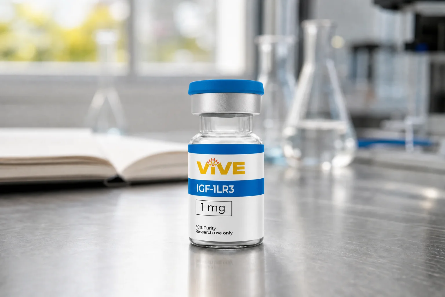 VivePeptides IGF-1 LR3 vial staged in a research lab, representing an IGF-1 LR3 research protocol setup