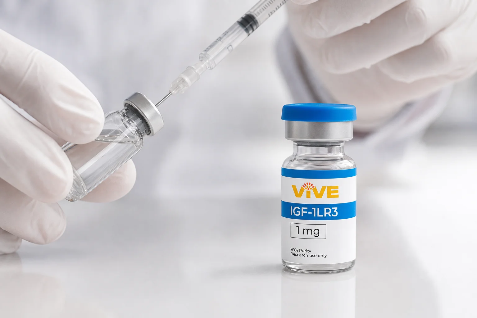 Gloved hands drawing bacteriostatic water into a syringe beside a VivePeptides peptide vial