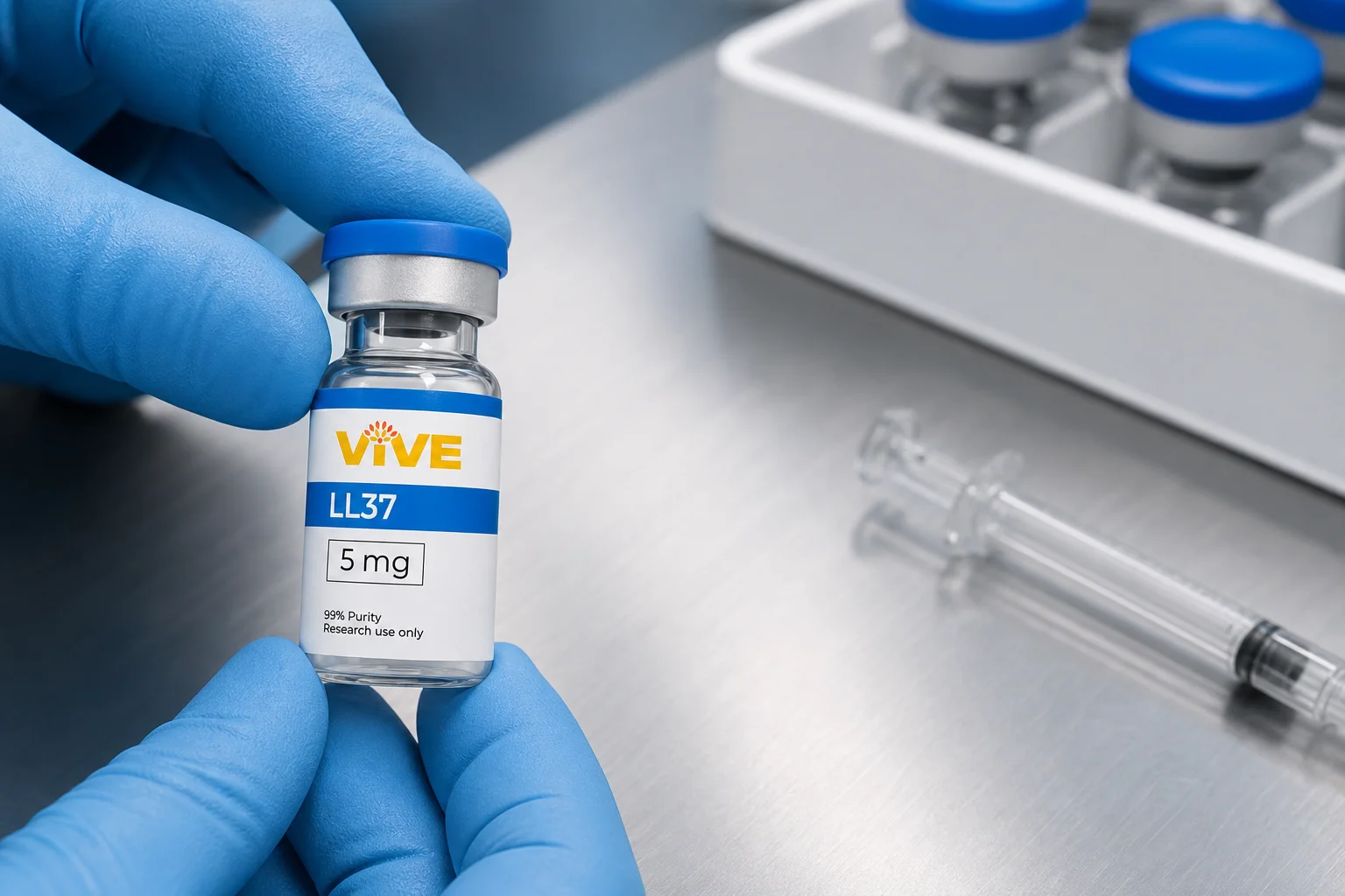 Gloved researcher preparing a peptide vial for reconstitution on a sterile lab bench
