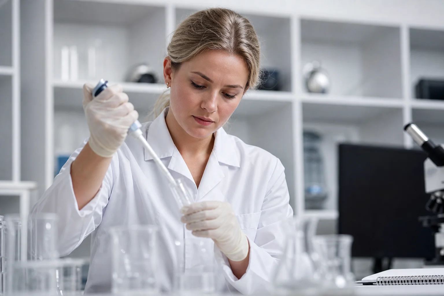 A shipping box with an ice pack sits beside a peptide vial on a lab counter