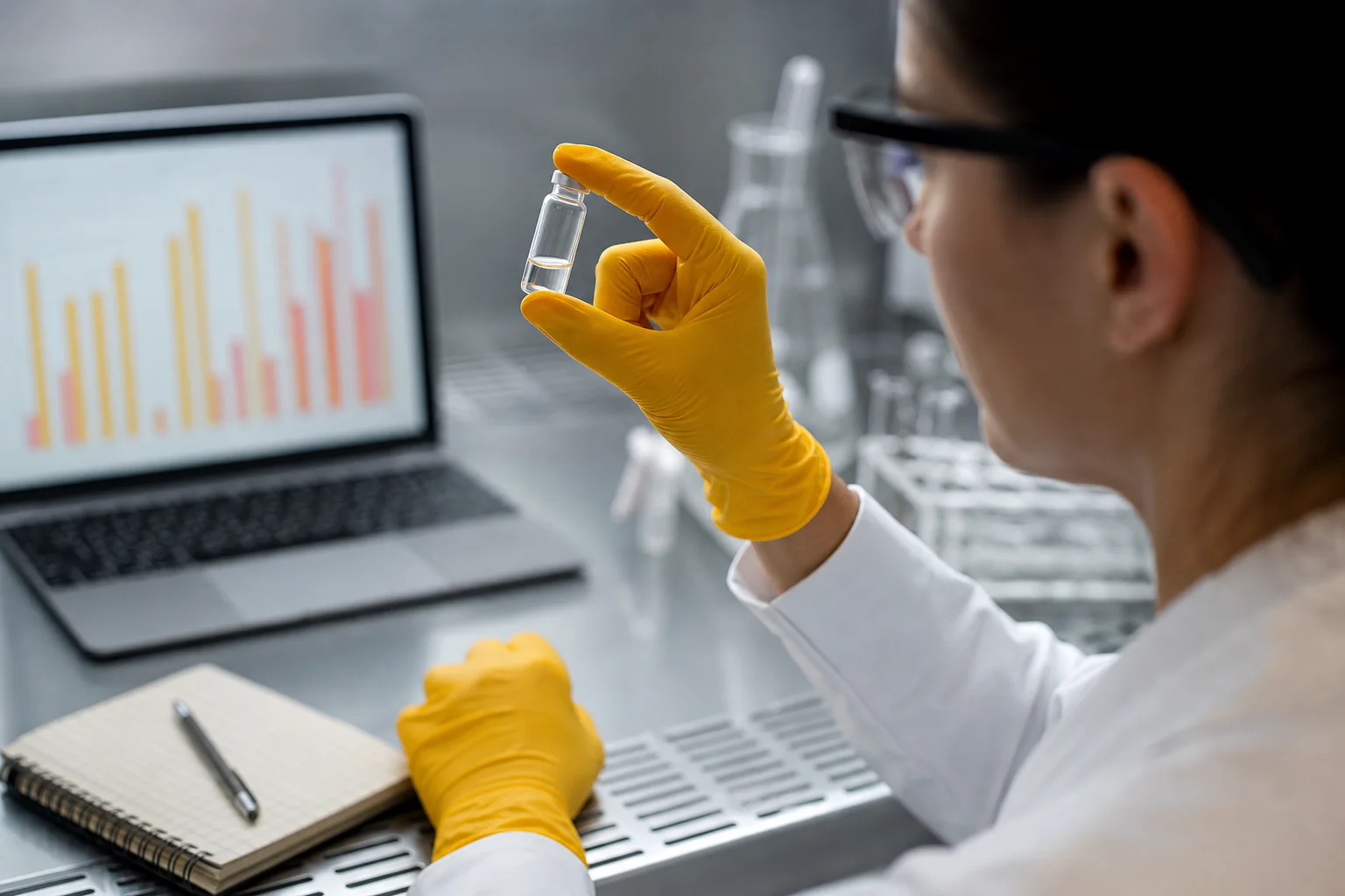 Gloved researcher holding a glass peptide vial beside a laptop showing a blurred cost comparison chart on a lab bench