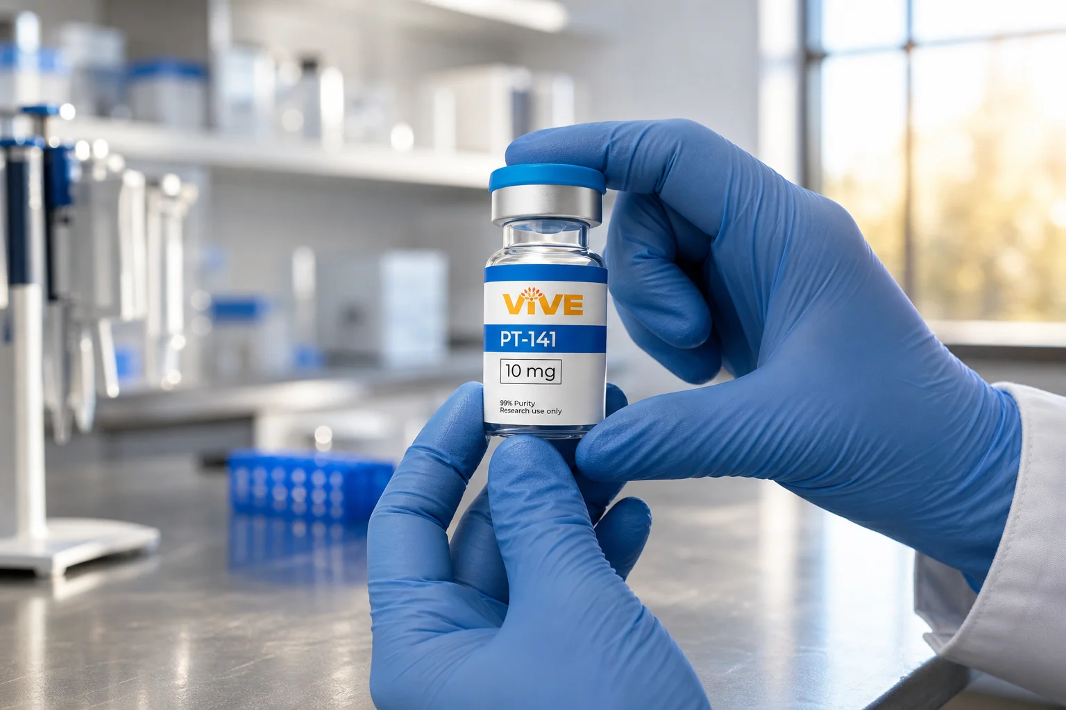 Researcher holding a labeled VivePeptides vial in a research lab for PT-141 vs Melanotan 2 study