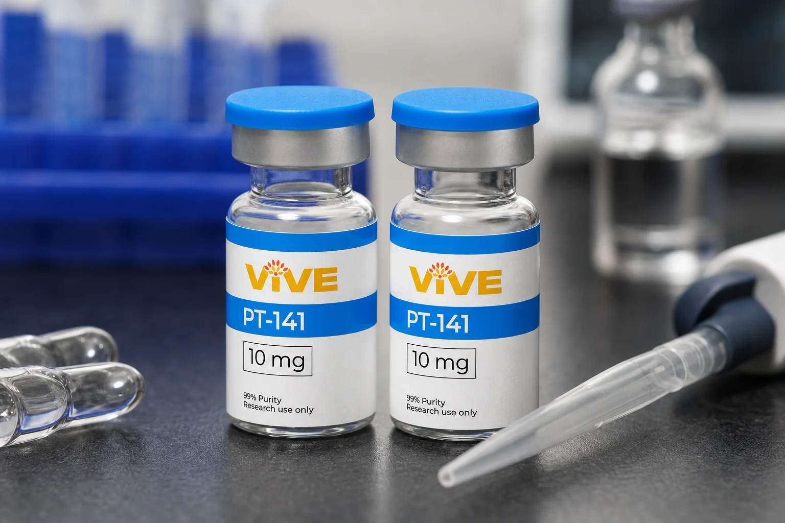 Two labeled VivePeptides research vials for PT-141 and Melanotan 2 on a lab bench