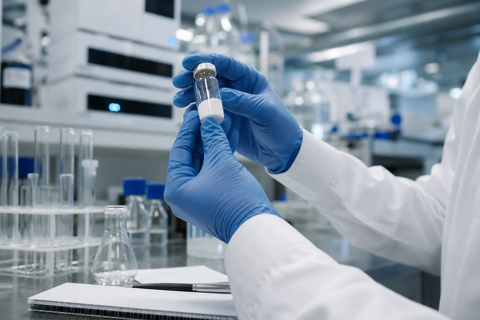 Researcher holding a VivePeptides vial in a lab, representing the purity percent vs net peptide content comparison on a COA