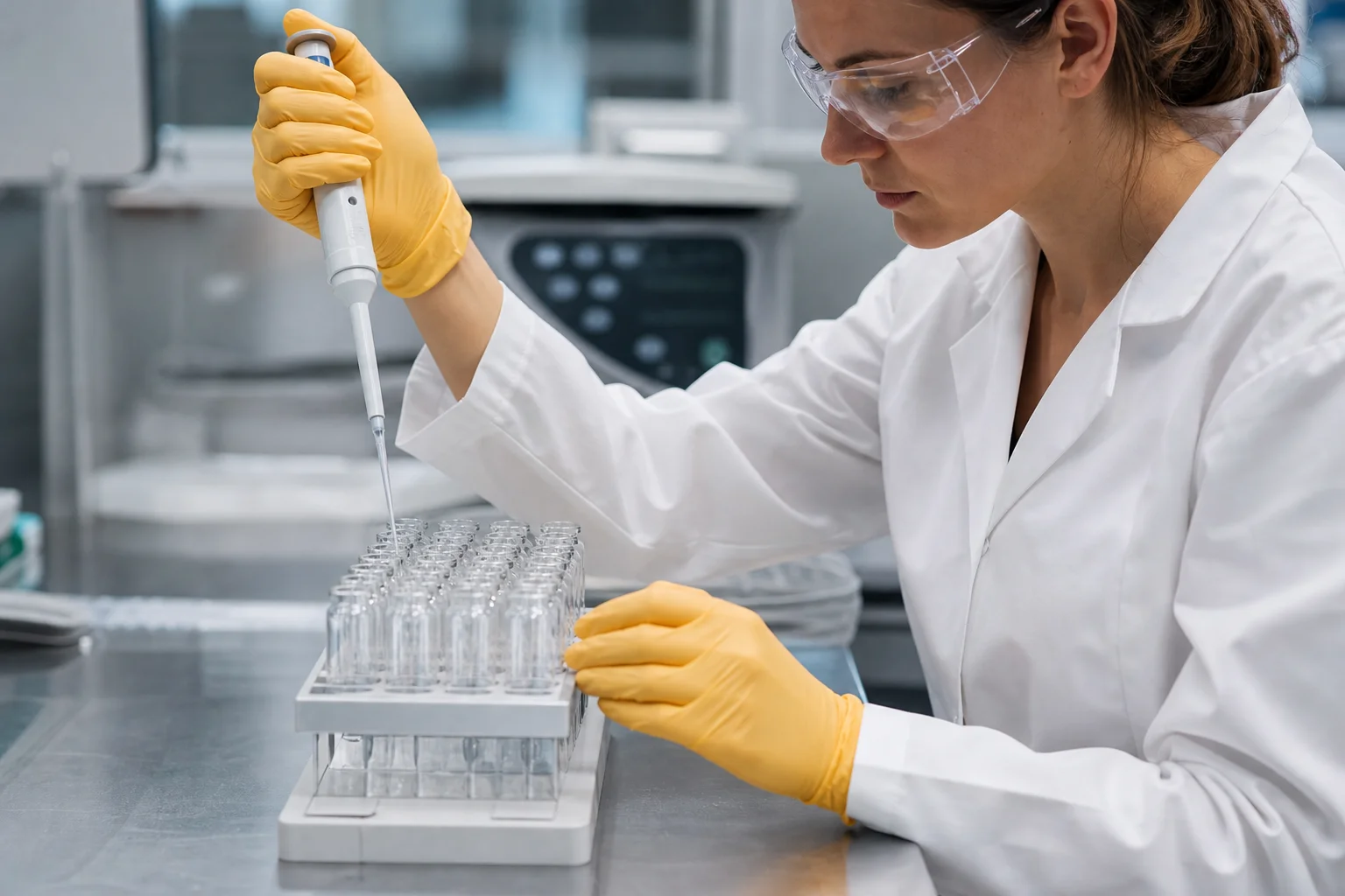 Researcher pipetting peptide samples into vials during amino acid analysis and purity testing in a lab