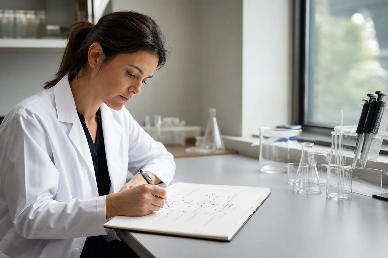 VivePeptides research vial on a lab bench beside handwritten notes on which compound to start with