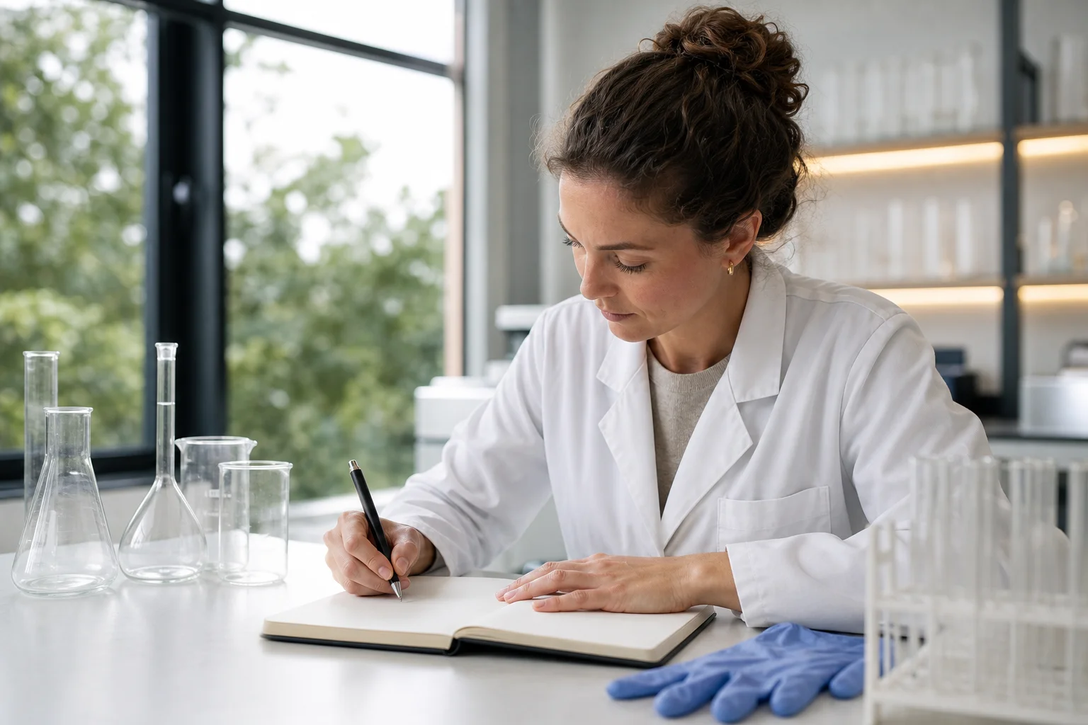 Researcher's desk with several labeled VivePeptides research vials sorted by objective next to an open notebook
