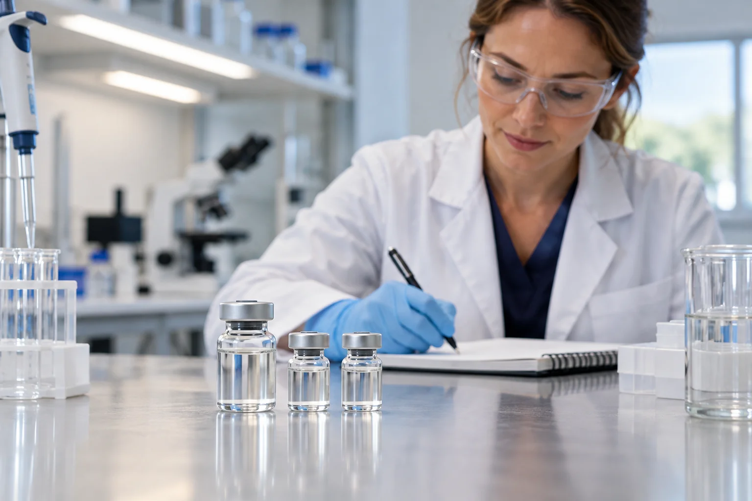 VivePeptides 10mg vial beside two 5mg vials on a lab bench for waste comparison