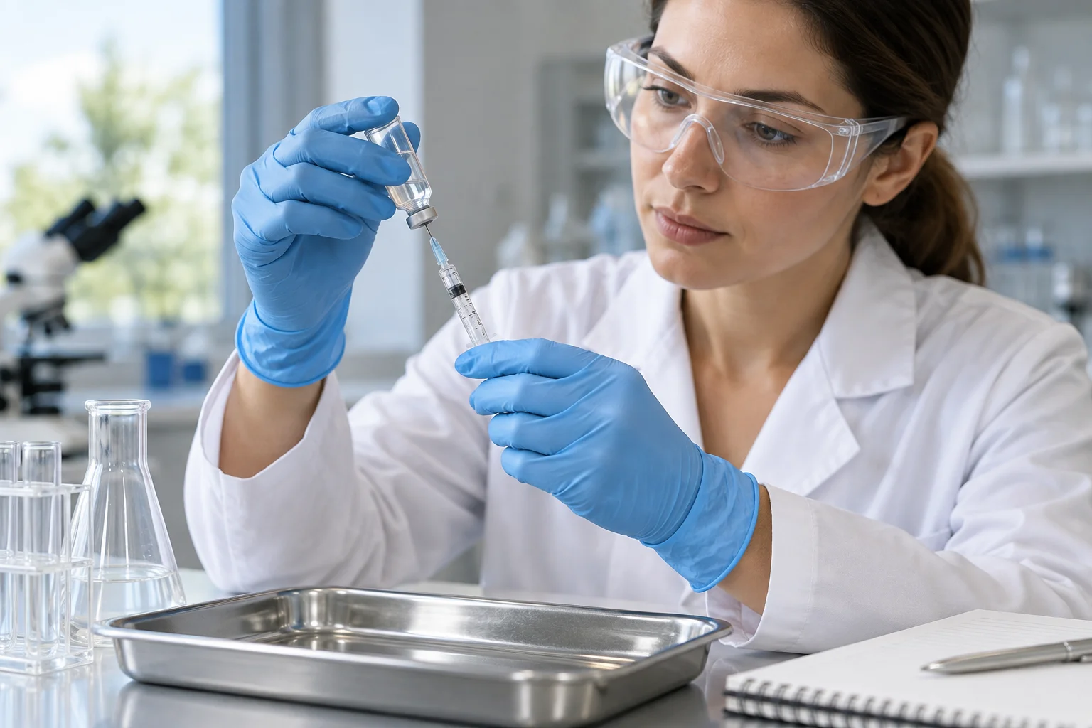 Gloved hands drawing measured liquid into an insulin syringe in a research lab setting