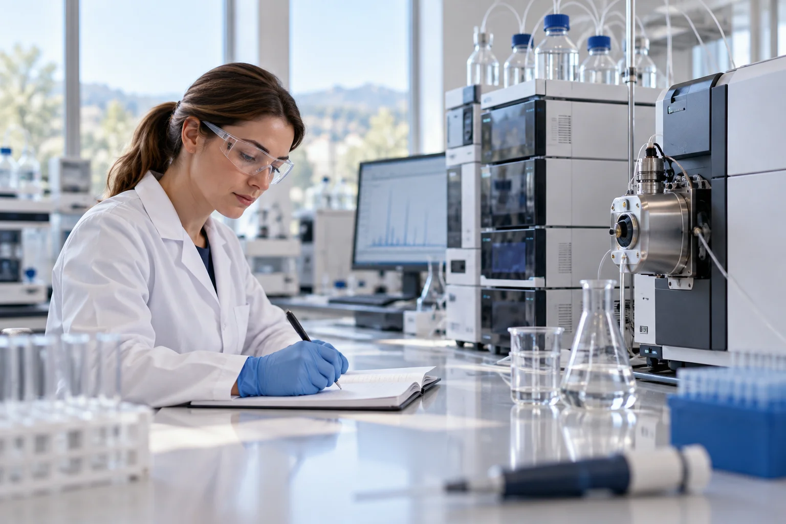 HPLC vs mass spec testing equipment next to a VivePeptides research peptide vial in a lab