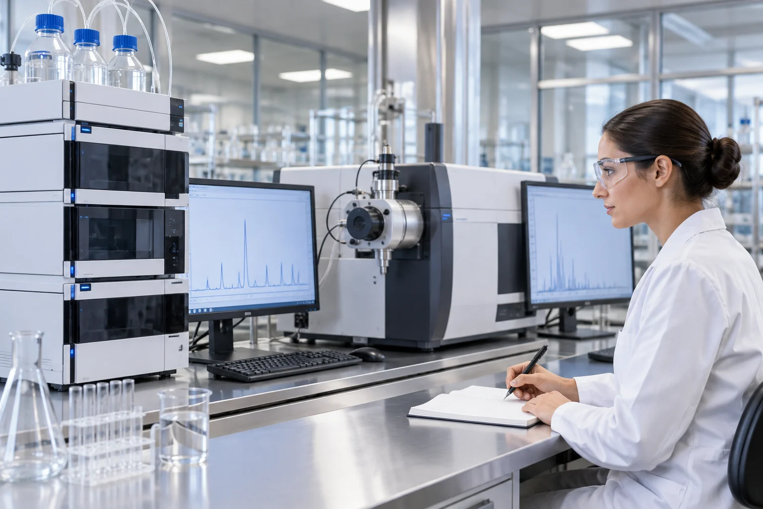 Close-up of an HPLC chromatogram printout beside a mass spectrometry readout on a lab bench