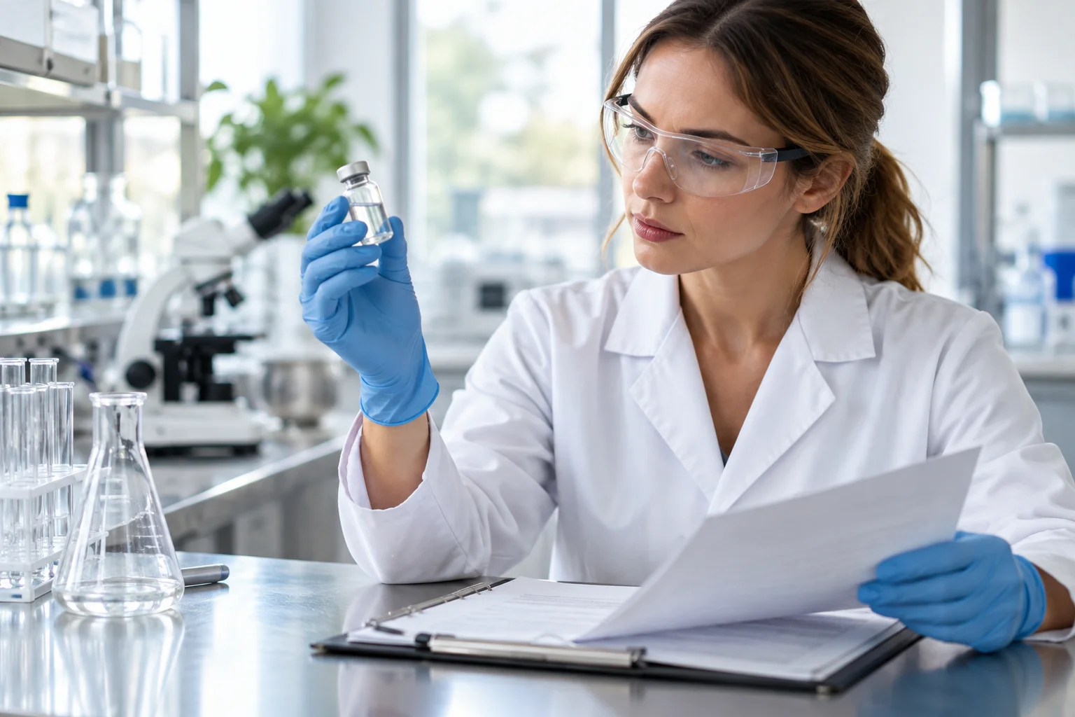 Researcher qualifying a peptide supplier for a purchase order while holding a VivePeptides vial