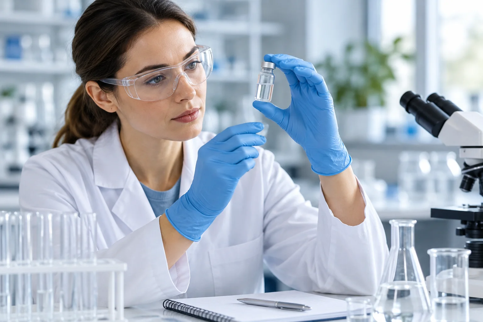 Gloved lab technician inspecting a peptide vial during a supplier qualification and quality control review