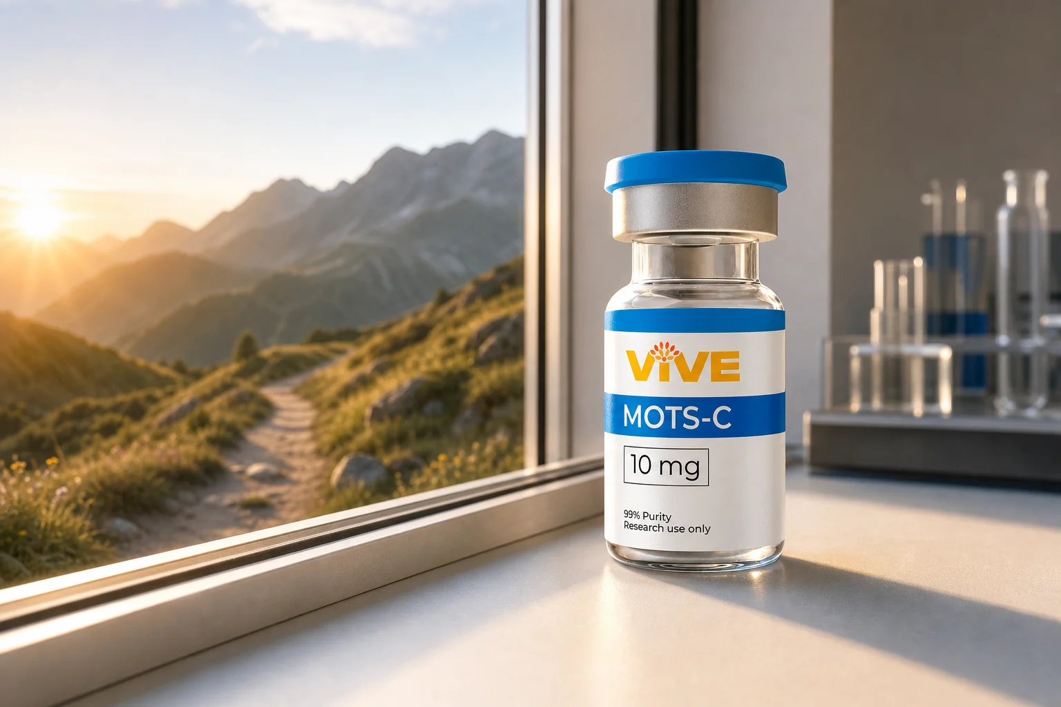 Vial of research peptides for longevity beside a research lab window at sunrise