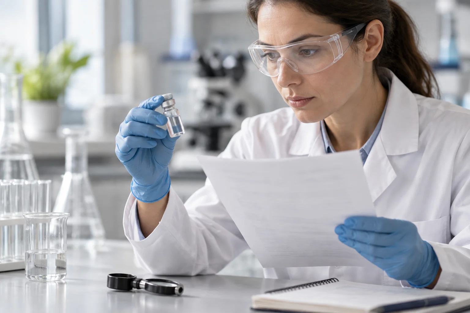 Researcher comparing a Certificate of Analysis document against a peptide vial label in a laboratory setting
