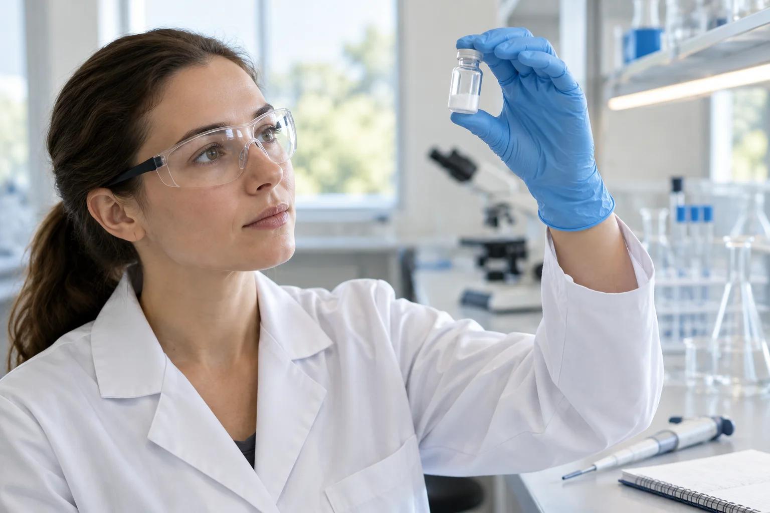 Researcher inspecting a peptide vial under lab light while spotting a bad vial before reconstituting it