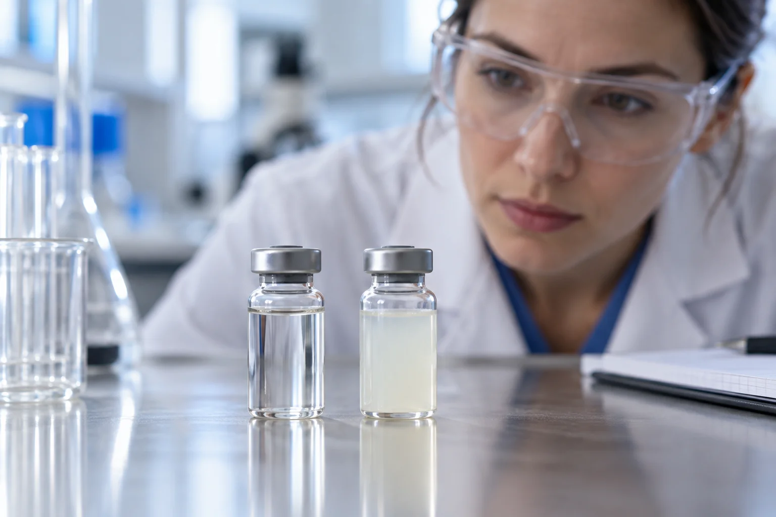 Close-up comparison of a clear reconstituted peptide vial next to a cloudy discolored vial on a lab bench